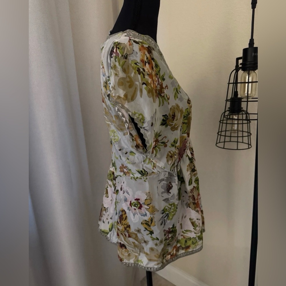 Johnny Was Silk Boho Floral Tunic Top S Crochet Lace V Neck Blouse - Picture 6 of 10
